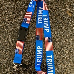 Blue and Red Lanyard with American Flag Motifs and Metal Clip